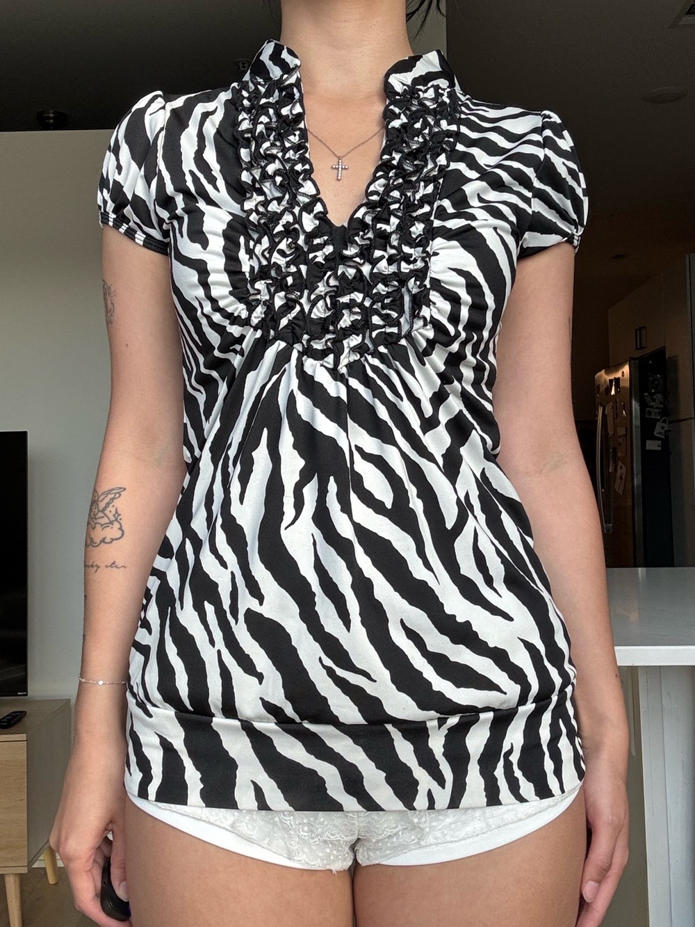 Heart Soup y2k zebra print blouse with ruffle details, black & white